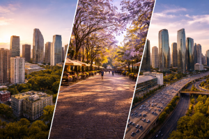 Imagen tipo tríptico que muestra Polanco, Roma–Condesa y Santa Fe en Ciudad de México durante golden hour, con skyline moderno, calle arbolada con jacarandas y rascacielos junto a vialidades principales.