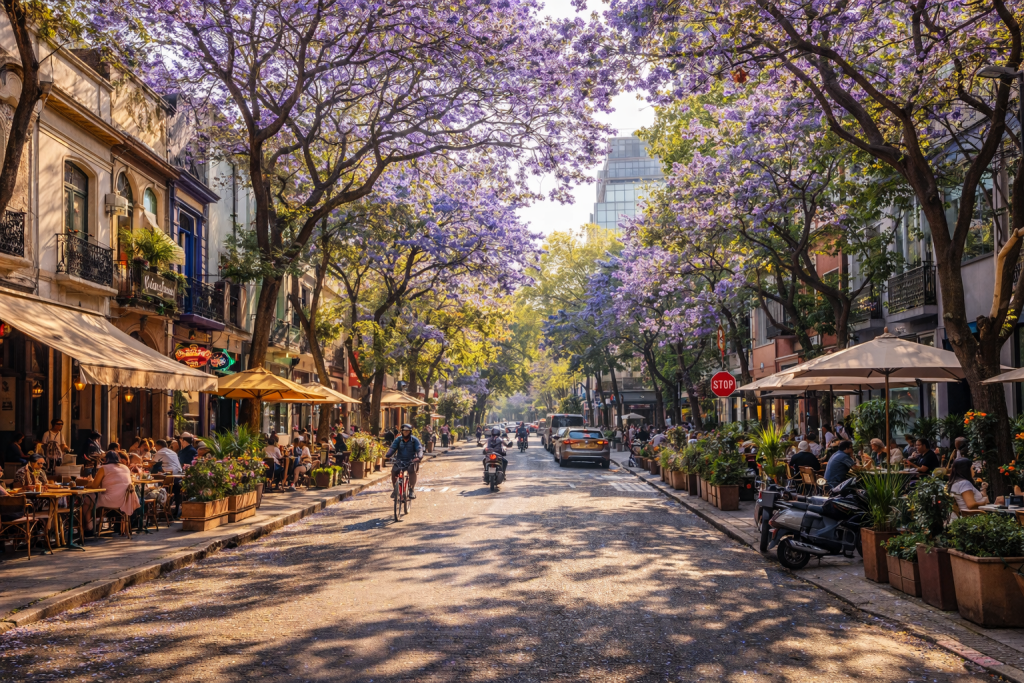 Calle de Roma–Condesa en CDMX con jacarandas en flor, terrazas de cafés, gente caminando y ciclistas, en una tarde soleada.
