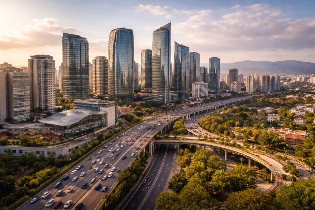 Panorámica de Santa Fe en Ciudad de México con rascacielos de vidrio, autopistas elevadas con tráfico y montañas al fondo, en luz de atardecer.