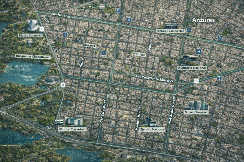 Mapa satelital de Polanco, CDMX, con avenidas principales, calles y puntos de referencia para ubicar la zona residencial y comercial.
