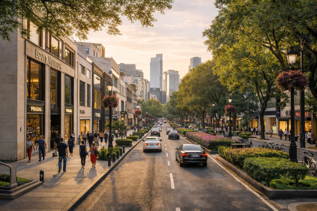 Avenida Presidente Masaryk en Polanco, CDMX, con boutiques de lujo, camellón arbolado y flujo urbano al atardecer.