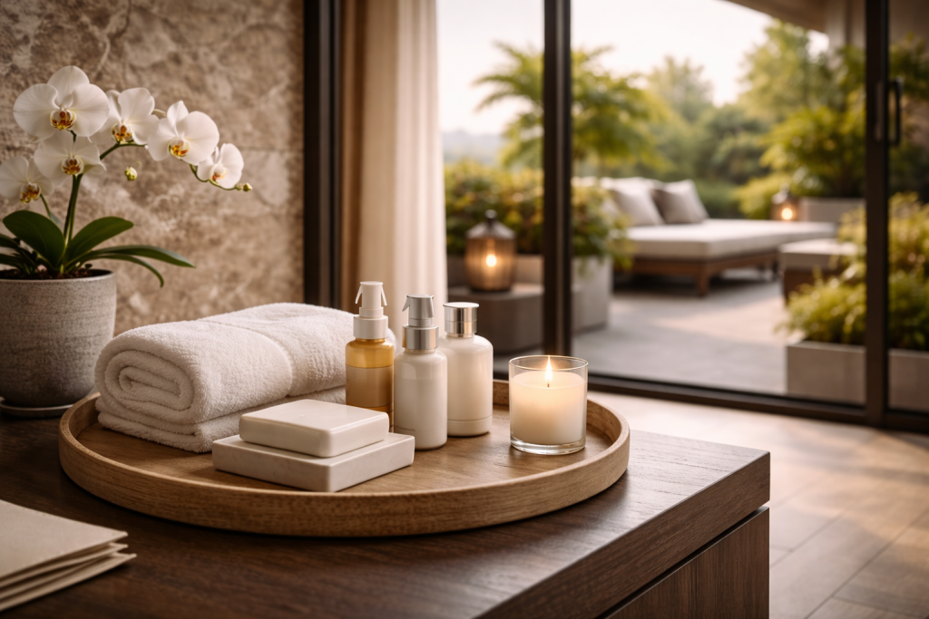 Amenidades neutras en bandeja sobre mesa de madera dentro de departamento premium, con terraza y vegetación desenfocadas al fondo