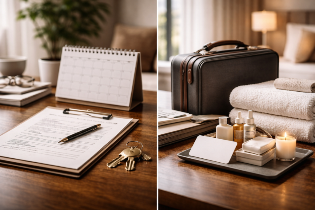Escena editorial comparando renta larga y renta corta en un departamento premium: contrato y llaves vs maleta, toallas y amenidades