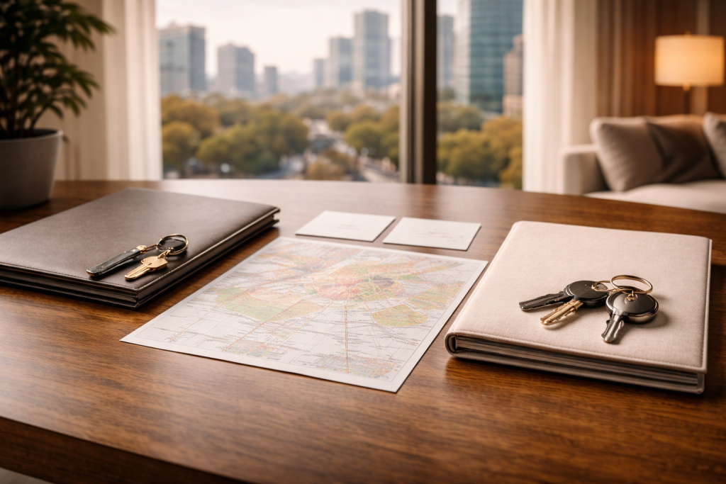 Composición premium con mapa y portafolios que sugiere comparación de zonas prime en Ciudad de México.