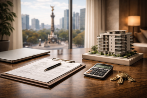 Espacio de trabajo minimalista para valuación inmobiliaria con documentos y maqueta de departamento, con la ciudad de fondo.