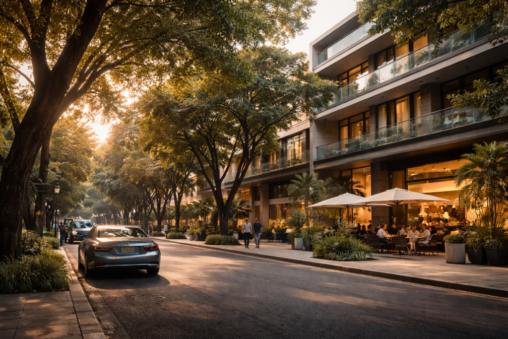 Vista editorial de una calle de Polanco al atardecer con edificios modernos, autos discretos y peatones desenfocados