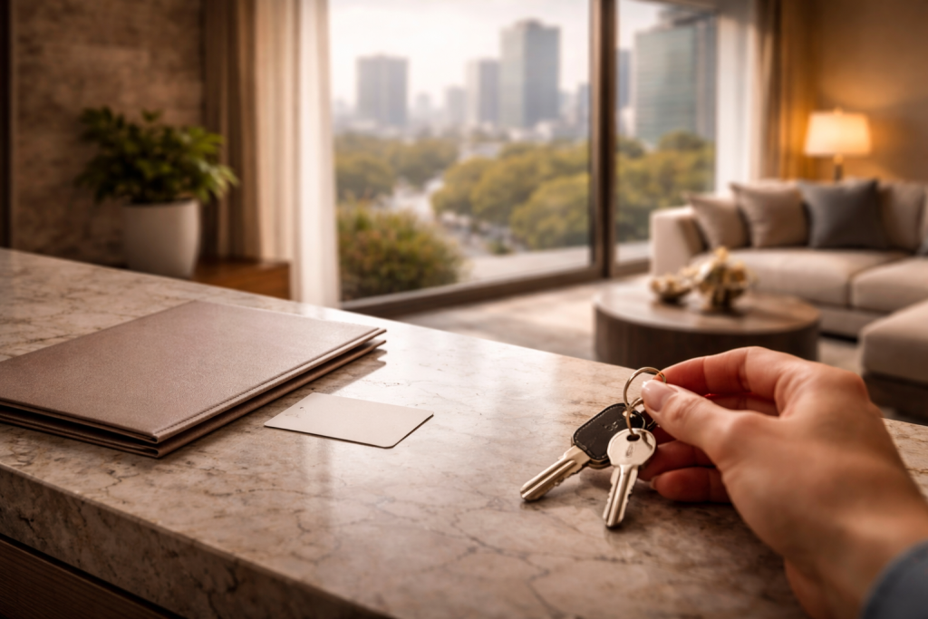 Llaves de departamento sobre barra de mármol con vista urbana de CDMX al fondo, estilo editorial de inversión inmobiliaria.
