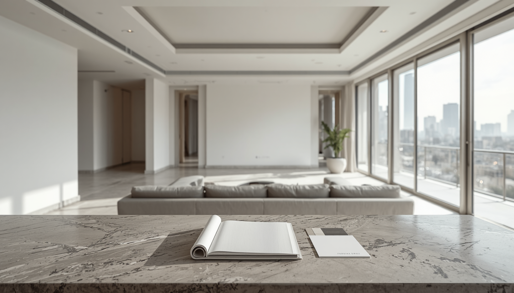 Departamento en obra blanca listo para personalización, con materiales neutros y skyline de CDMX al fondo desenfocado.