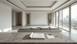 Departamento en obra blanca listo para personalización, con materiales neutros y skyline de CDMX al fondo desenfocado.